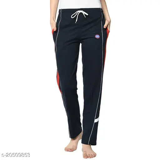 Blue cotton-blend straight-fit trousers for women, solid pattern, one size available (30-inch waist, 38-inch length)