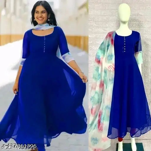 Georgette three-quarter sleeve solid blue dupatta from India, perfect for traditional Indian wear