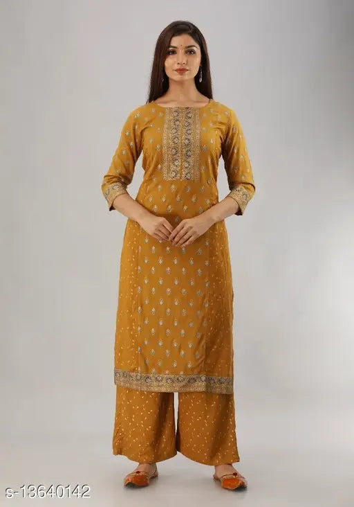 Rayon slub printed long kurti with palazzos, three-quarter sleeves, pack of 2 sizes, Indian ethnic wear