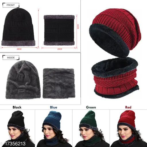 Woolen skull cap & scarf, women's warm winter beanie, solid pattern, India-made