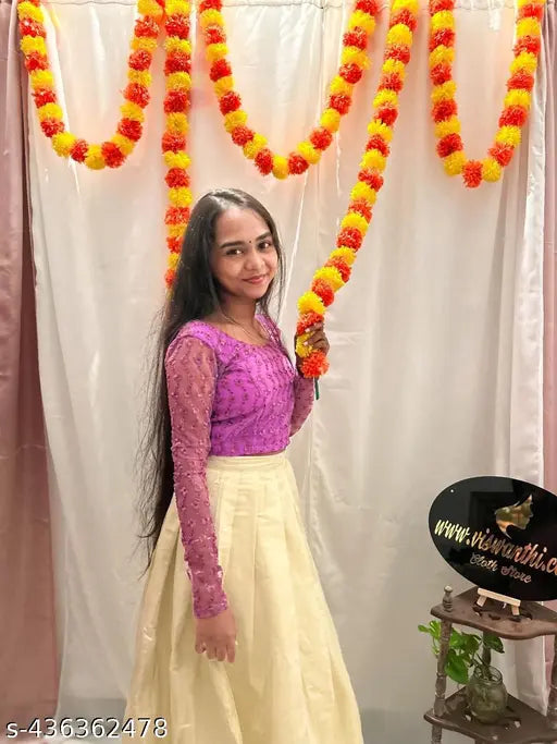 PB126 Pink Choli, net top with silk skirt, Indian designer embroidered blouse and full-length kerala silk skirt