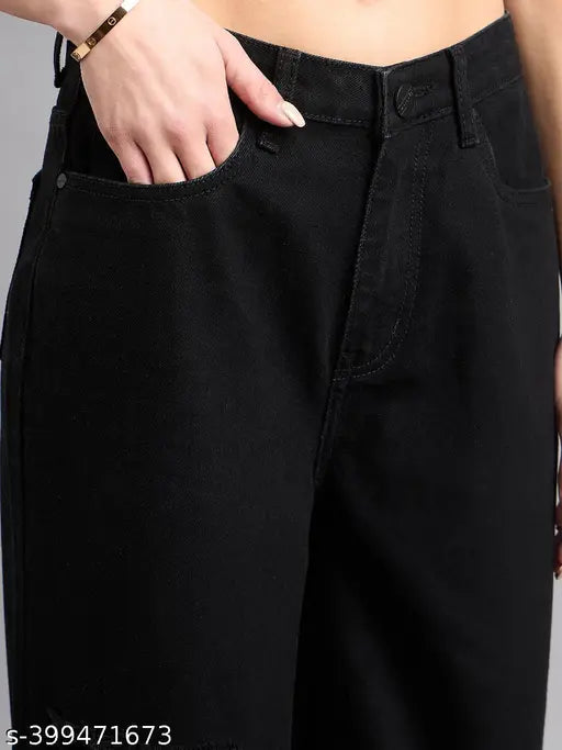 Black cotton net wide-leg high rise jeans, Style Quotient brand, slashed knee distress, fashionable vacation wear or casual outings, size 28-36 (waist sizes from 28-36)