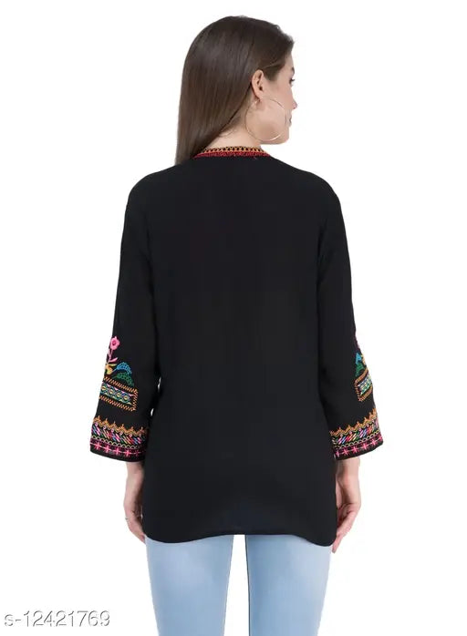 Black embroidered crepe top for women, three-quarter sleeves, SAAKAA brand, XS-XXL sizes available from India