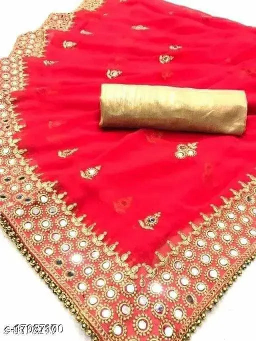 Embroidered Georgette saree with mirror work, Indian trendy pooja mirror saree with separate dupion silk blouse