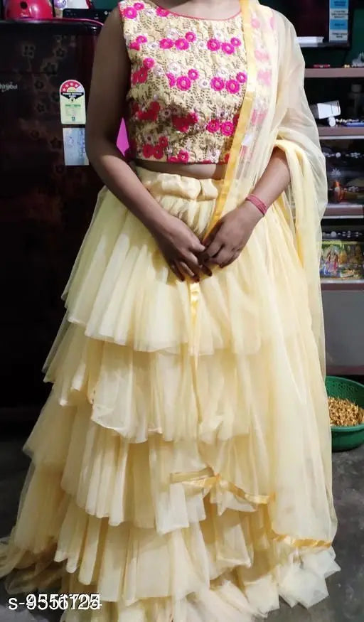 Silk and net embroidered lehenga with solid dupattas, semi-stitched Indian women's traditional topwear