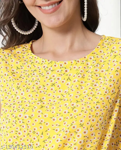 Yellow crepe sleeveless floral print short jumpsuit for women, suitable for events like parties and meetings, made in India