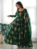 Green milk print georgette women's gown, elegant Indian-Western blend, full sleeve, round neck
