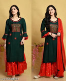 Embroidered rayon kurta with sharara bottom and dupatta, three-quarter sleeve set for women, India origin