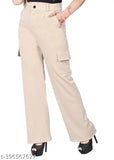 Stylish women's premium cotton wide leg cargo pant, cream color, self-design pattern, four pockets, relaxed fit