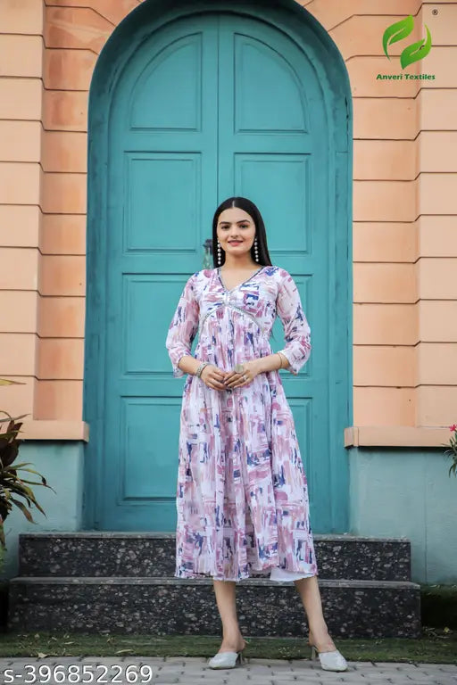 Pink Georgette Printed Kurta, long knee-length skater dress, traditional formal wear for women