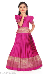 New pink taffeta silk lehenga choli for kids: Tapeta silk Lehenga with zari stitch, ready-to-wear party wear for girls, Indian origin