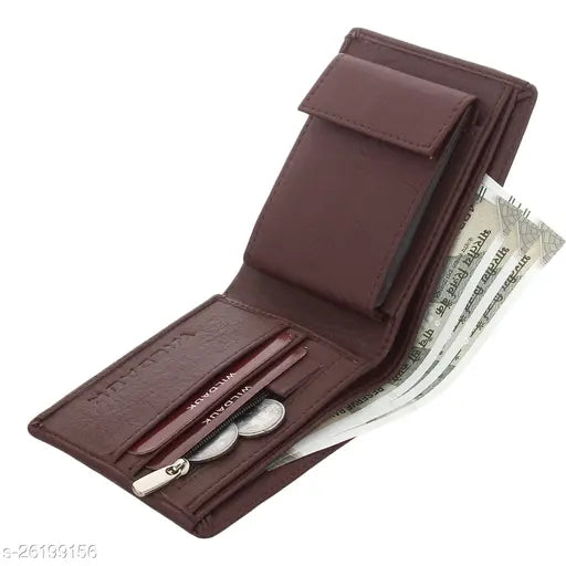 Brown artificial leather men's wallet, Wildauk brand, features 10 card slots, textured net design, 2 cash compartments, hidden pocket, and chain-closer coin pocket