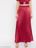 Maroon satin solid accordion pleated maxi skirt for women, maxi length and 3 available sizes (28, 30, 32, 34)