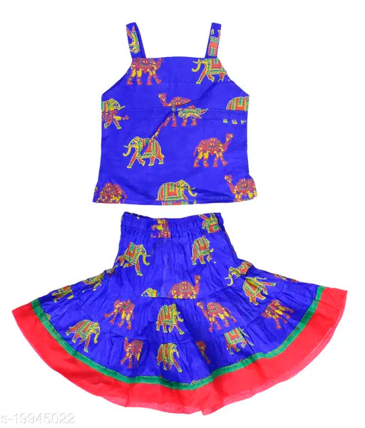 Blue cotton animal printed skirt top for girls (BLU_6-12 month), sleeveless with matching dupatta, Indian lehenga style on display