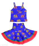 Blue cotton animal printed skirt top for girls (BLU_6-12 month), sleeveless with matching dupatta, Indian lehenga style on display