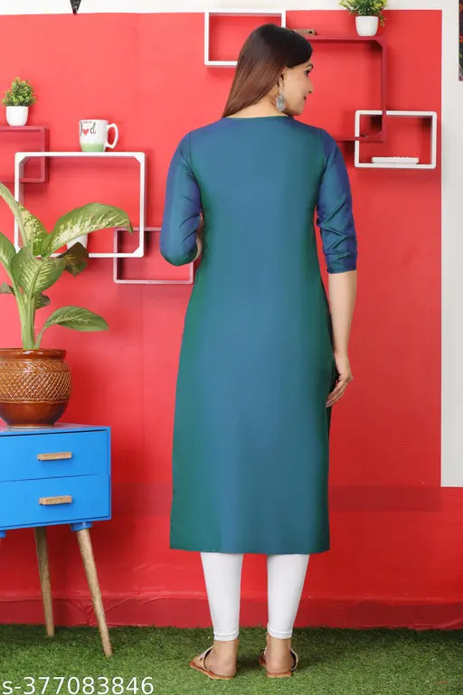 Green Art Silk, three-quarter sleeve embroidered kurta for women. Indian handcrafted green emrodery workwear