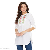 Cotton three-quarter sleeve embroidered paper print kurta, casual and trendy