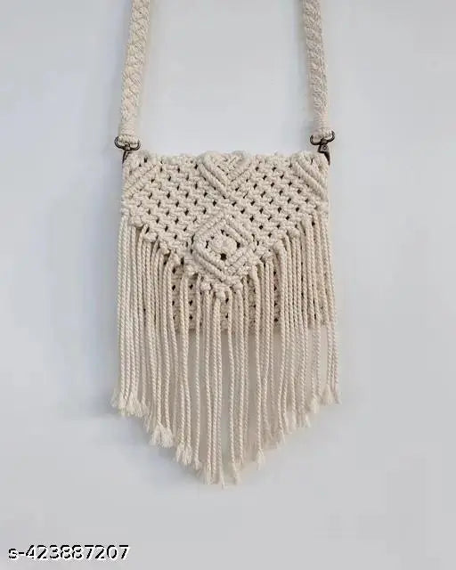 Handmade jute macrame crossbody bag with embroidered pattern, zipper, and free size