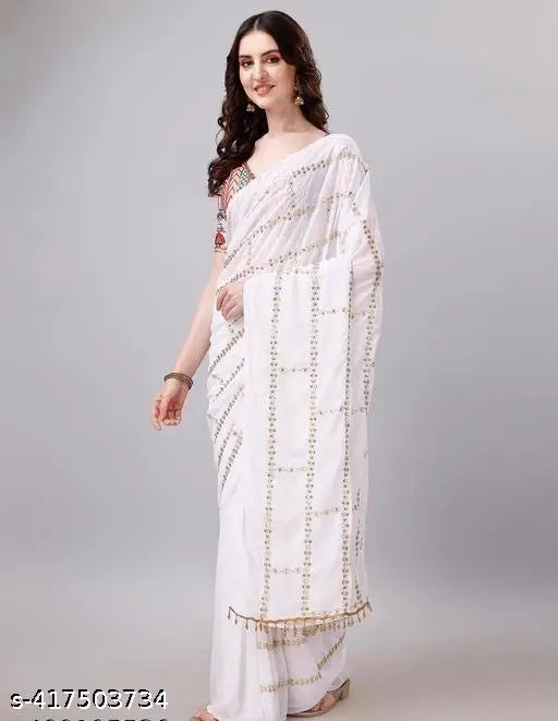 Georgette sequined sari, Indian partywear in free size (5.3m x 0.8m), embroidered net blouse