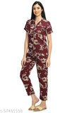 Mysaa Clothing Women's printed poly crepe night suit: collared shirt & elasticated pyjama set, comfortable, high-quality Indian-made nightwear with unique print designs