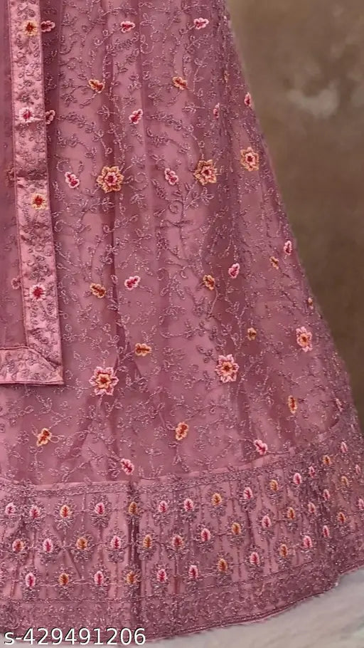 Pink net embroidered Lehenga Choli set with dupatta, free size, ideal for various occasions