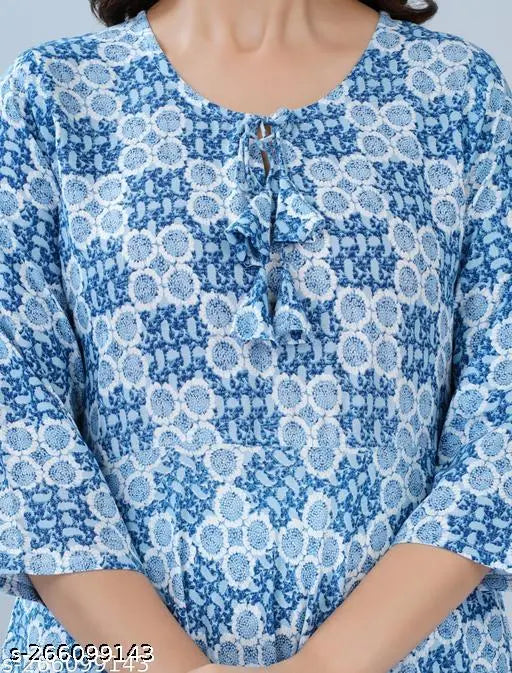 Rayon floral printed flared blue kurta - Premium quality rayon, vibrant floral design, classic round neck, 3/4 sleeves, flared style, stunning blue color