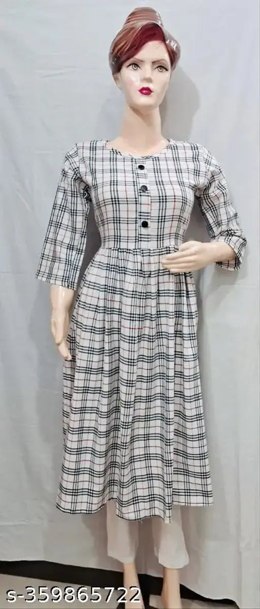 White woolen frock kurti for winter - 3/4 sleeve, checked design, casual or formal wear