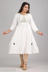 White rayon embroidery malti, three-quarter sleeves, intricate Indian embroidery pattern