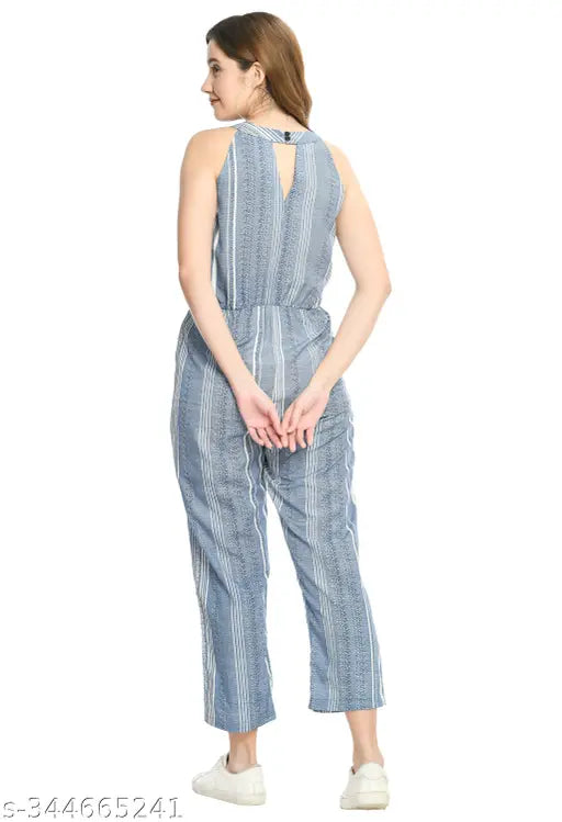 Sky blue & white striped crepe jumpsuit with multicolor print, sleeveless, keyhole neck, and knotted detail - fashion women's style from India (size: S/34", M/36", L/38", XL/40")