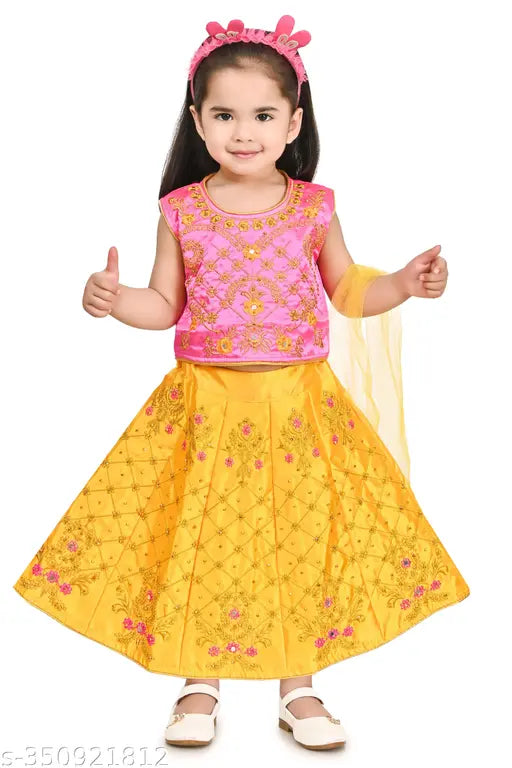 Cotton blend embroidered lehenga and net dupatta, Indian traditional outfit for toddlers aged 18 months to 3 years