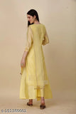 Yellow Chanderi cotton women's sequins kurta with palazzo and dupatta, gold print sleeves and bottom, perfect for party wear and festivals