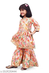 Orange cotton carrot print plazzo pants kurta set for girl, festive collection by Queenpinenterprise