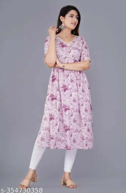 Purple rayon Alia cut kurti, women's floral print on short sleeves, Indian-made fashion