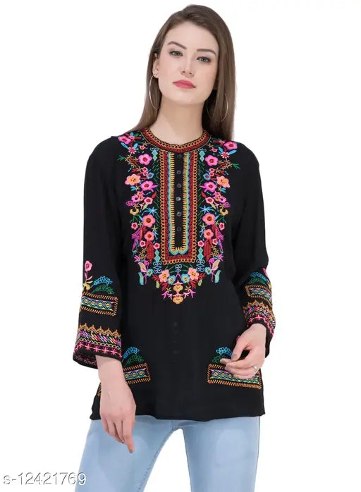 Black embroidered crepe top for women, three-quarter sleeves, XS to XXL sizes available, handmade Indian embroidery on display