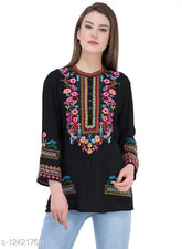 Black embroidered crepe top for women, three-quarter sleeves, XS to XXL sizes available, handmade Indian embroidery on display