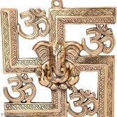 Brass Lord Ganesha on Om Swastik wall hanging, Indian decorative antique art for home or office