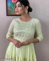 Green lurex cotton embroidery kurta set with three-quarter sleeves, solid pattern. Light green fashionable gown, cotton green gown, available in sizes S to 6XL, originating from India