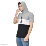 Grey cotton-blend colorblocked hoodie t-shirt for men by Vimal Jonney, short sleeves, size M (38in chest, 27.5in length), made in India