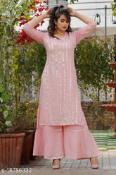 Embroidered rayon kurti with sharara bottomwear, three-quarter sleeves, India origin