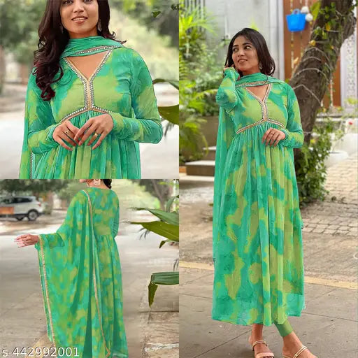 Georgette floral print Anarkali kurta set with dupatta, semi-stitched, three-quarter sleeves. Indian wedding and party wear in yellow, black, bottle green, and purple." (115 characters)