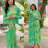 Georgette floral print Anarkali kurta set with dupatta, semi-stitched, three-quarter sleeves. Indian wedding and party wear in yellow, black, bottle green, and purple." (115 characters)