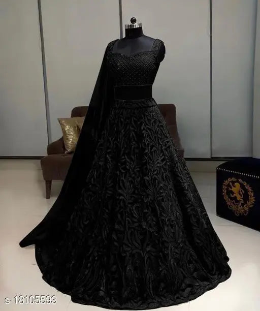 Checkered net lehenga with embroidered dupatta, semi-stitched, 44" waist, 42" length, India origin