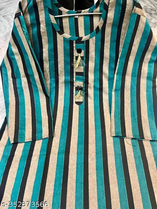 Green cotton blend striped kurti for girls and women, three-quarter sleeves - ideal for daily wear or college/office setting from Aagyeyi Drishya Kurtis