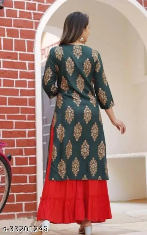 Attractive rayon Women's Kurta Sharara Set, printed design exuding traditional aesthetic vibe, India origin