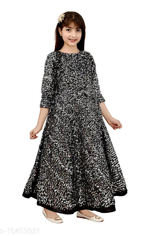 Satin self-design three-quarter sleeve gowns dresses for kids aged 3-8 years, Indian origin
