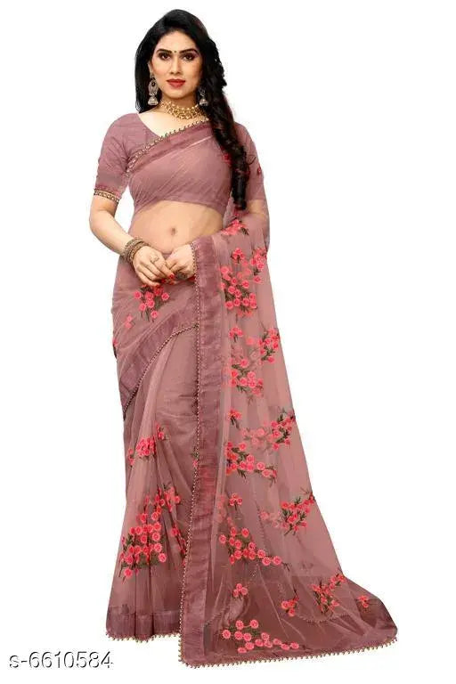 Fashionable Stylist soft net Bollywood Floral embroidered Moti Lace saree with unstitched blouse piece. Cotton blend, lightweight, comfortable, formal wear for festivals & events. Made in India