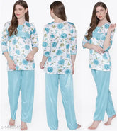 Floral print satin nightsuit set, free size. Luxurious comfort women's pyjamas in satin fabric