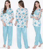 Floral print satin nightsuit set, free size. Luxurious comfort women's pyjamas in satin fabric