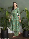 Green cotton casual kalamkari printed Kurta set with palazzos, pompom detailing, three-quarter sleeves