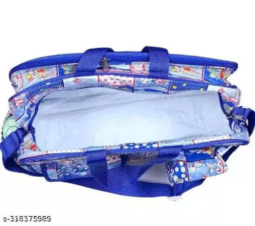 Blue polyester diaper bag, multipurpose mother bag with holder and changing compartments for newborn baby care
